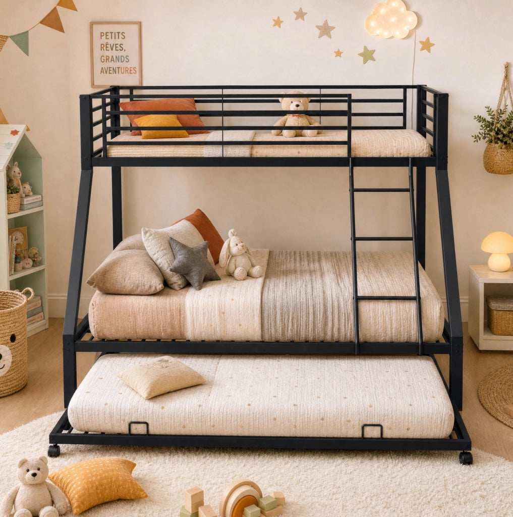 Letto a castello in metallo 90x200 e 140x200 cm con letto estraibile 90x190 cm; nero