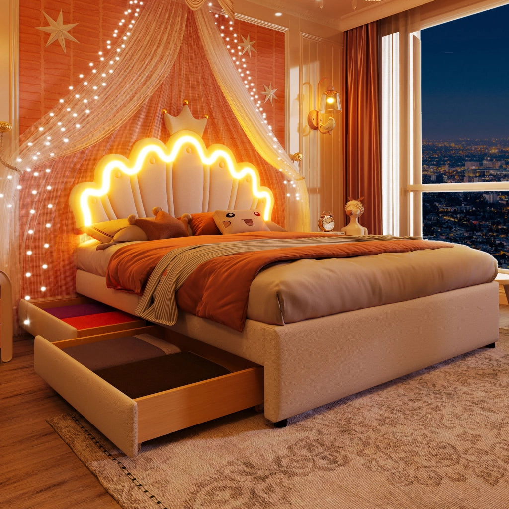 OKWISH Letto Con Cassetti 140×200 cm, Letto Matrimoniale con LED Regolabile, 2 Cassetti e Testiera Regolabile, senza Materasso, PU, Bianco