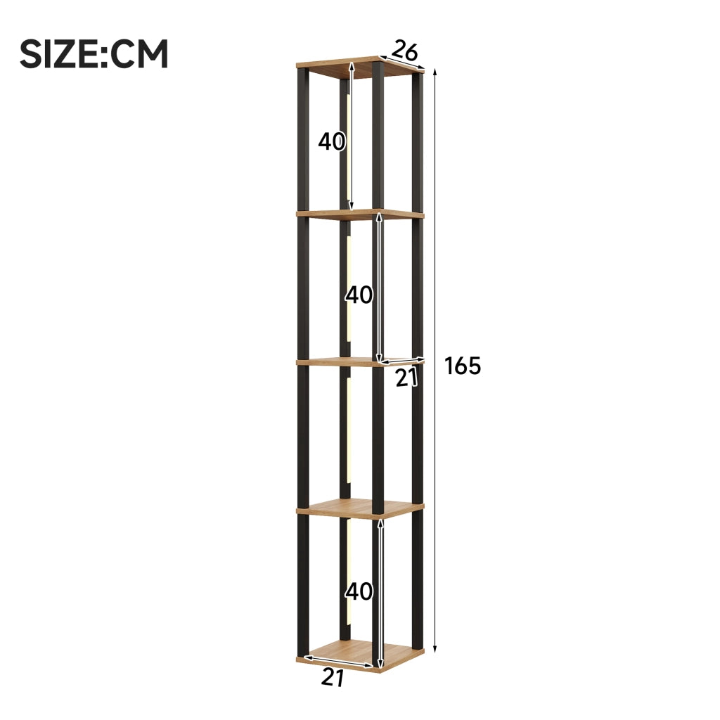 Libreria illuminata a 4 ripiani 26 x 26 x 165 cm, MDF, design moderno minimalista, LED a tre tonalit¨¤, nero e effetto legno