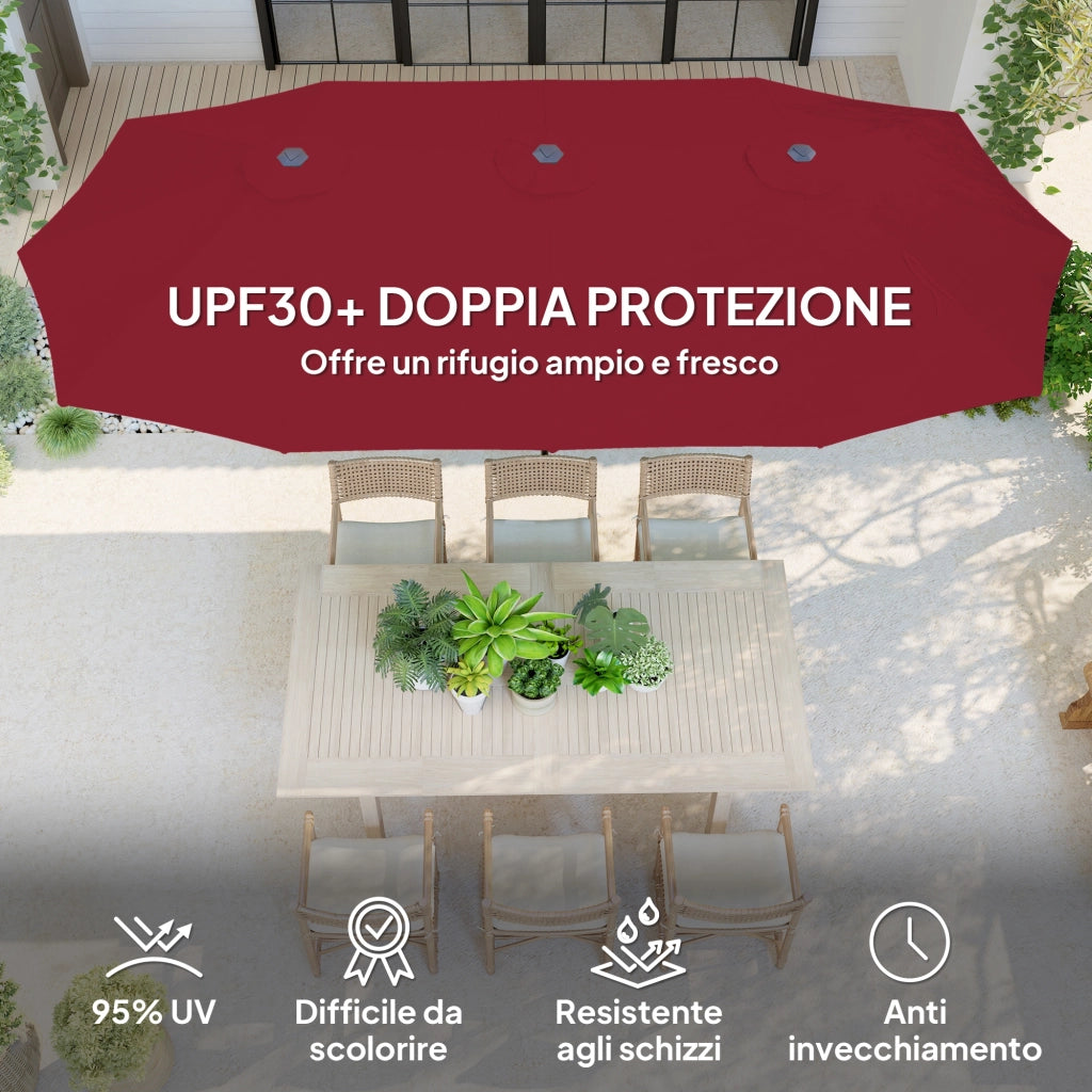 Ombrellone Doppio con Prese d'Aria e Manovella, in Metallo e Poliestere, 4x2.2x2.34 m, Nero e Rosso