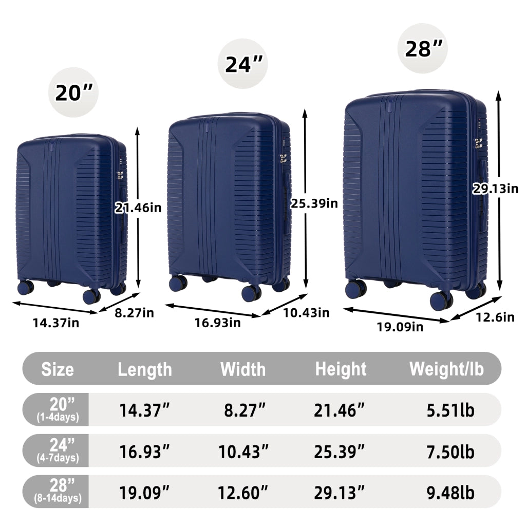 Set di 3 valigie rigide con ruote girevoli a 360 gradi manici laterali ganci e chiusura a combinazione blu
