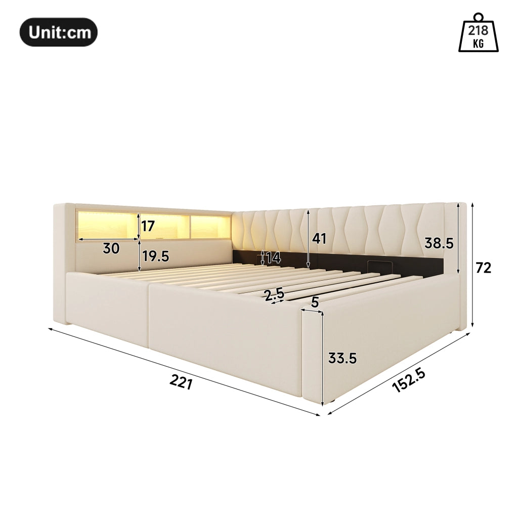 Letto contenitore 140x200 cm con sollevamento idraulico; LED dimmerabile; testiera con ripiano e USB; beige
