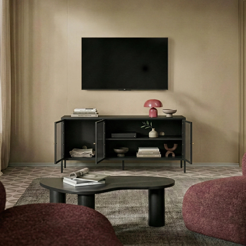 Mobile TV Vinterhavn Credenza in Acciaio Nero con 3 Ante in Vetro Scanalato 80x150x40 cm [en.casa]