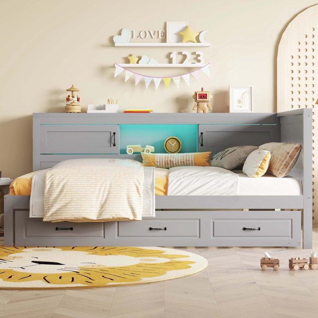 OKWISH Letto a Scomparsa 90×200 cm, Letto Singolo con Letto Estraibile, LED e Prese con USB, senza Materasso, Grigio