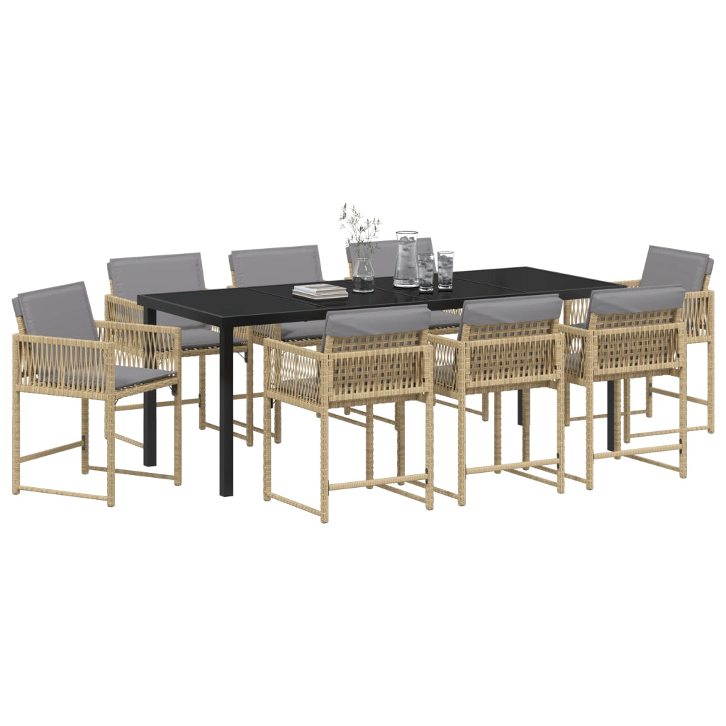 Set da Pranzo da Giardino da 9 Pezzi con Cuscini Beige Polyrattan
