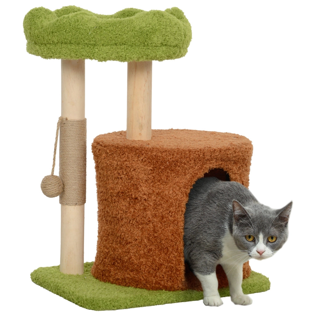 Albero Tiragraffi per Gatti con Casetta Lettino e Gioco 44x33x61 cm in Legno e Peluche Verde