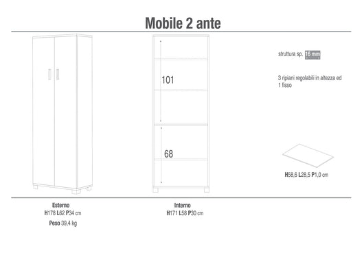 Armadio 2 Ante 62x178x34 cm Bianco Fiammato