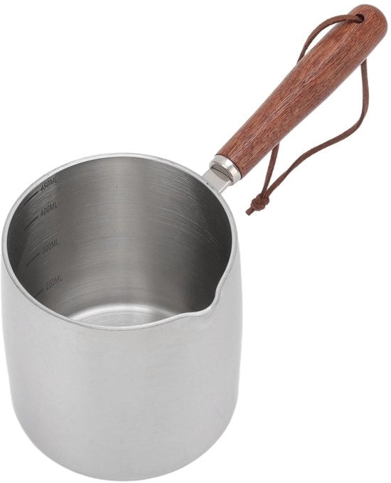 Bollitore a Gas 450ML - Pentola a Gas - Maniglia in Legno - Pentola Mini - Caffè/ Cioccolato/Latte - Dimensioni Compresse 8,5 x 8,5 x 9,5 cm