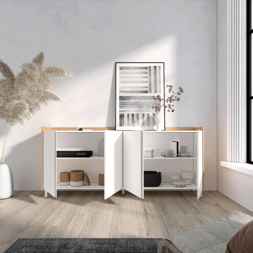 Credenza, Mobile, Cucina, 207x91x35 cm, 4 Porte, Design industriale, Bianco e Rovere soft