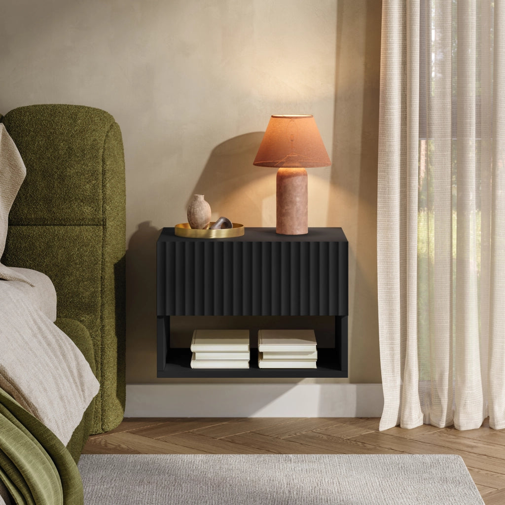 Comodino Sospeso da Parete Nand con Cassetto e Scomparto 42x30x30 cm Nero [en.casa]
