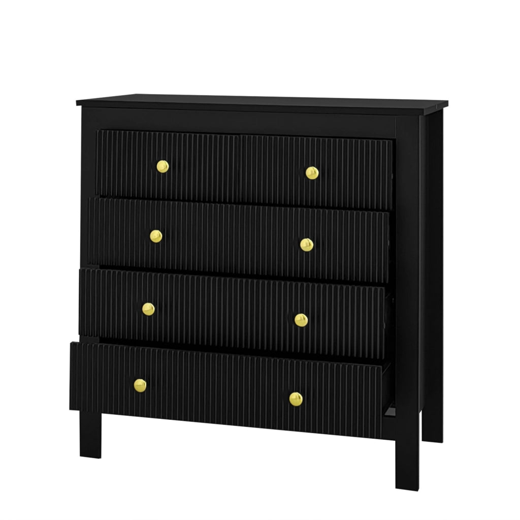 Kommode mit 5 Schubladen, schwarze Spanplatte, Goldgriffe, 79x80,5x39,5 cm