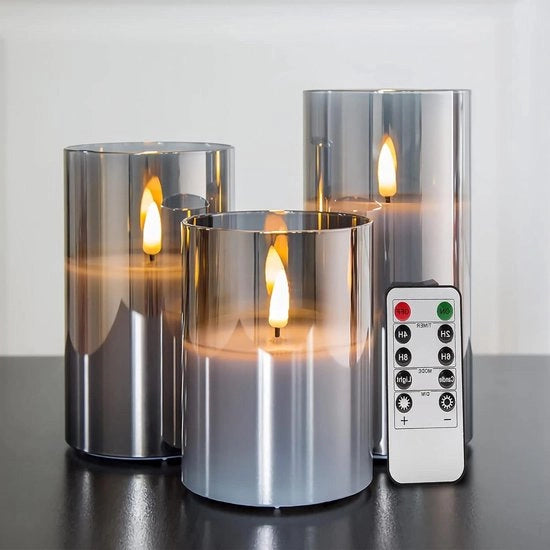 Set di candele LED fumanti senza fiamma con telecomando 3 pezzi, realistico, falso, diametro 7,6 cm altezza 10,2 cm 15,2 cm 20,3 cm - Organizzatore per strumenti capelli da 3 pezzi
