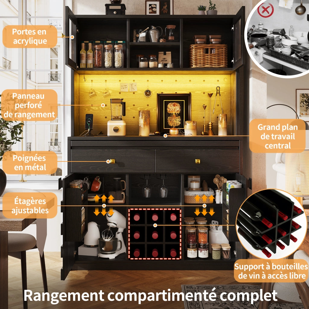 Colonna cucina LED con ripiani regolabili; portabottiglie; prese USB e pannello forato; nero; 120 × 40 × 178 cm