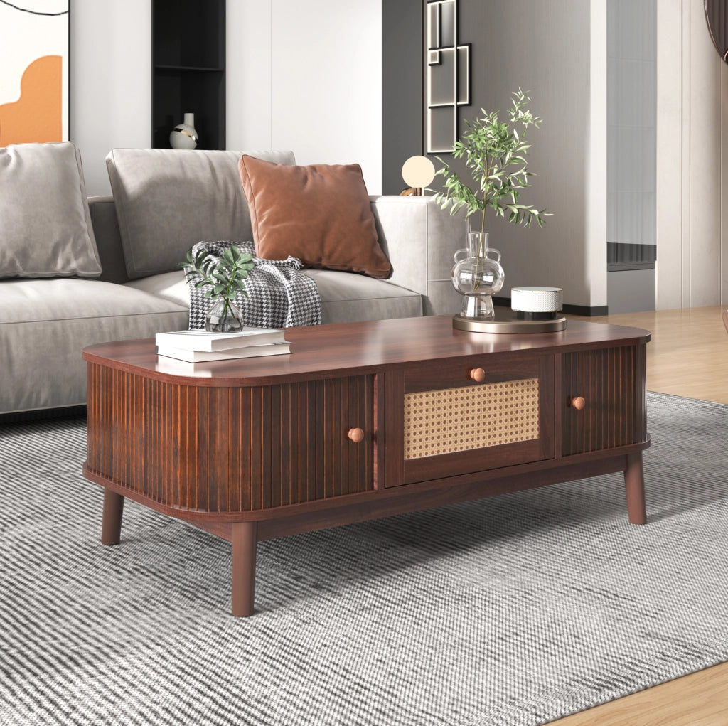 Tavolino da caffè in rattan con ante scorrevoli, 110 cm