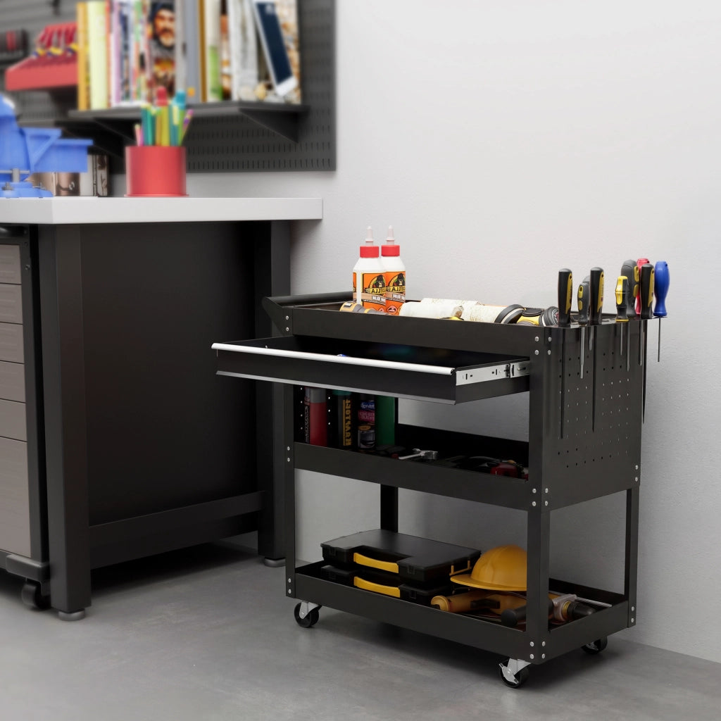 Carrello da lavoro a 3 livelli con cassetto e porta attrezzi ¨C zephmum ¨C nero 82x35x76 cm