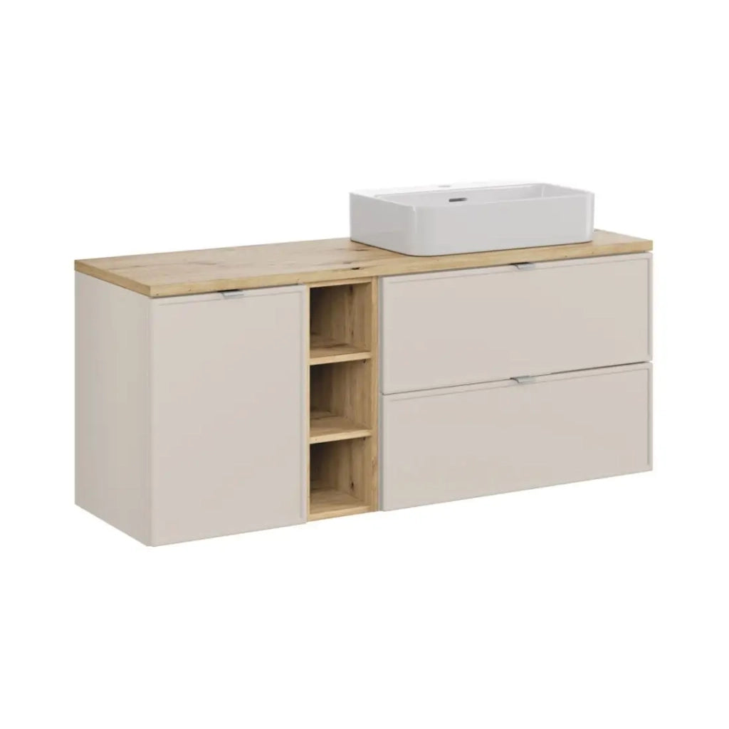 Insieme BRAZZA: mobili sottolavabo con cassetti 140cm con cesto della biancheria e nicchie visibili + top per lavabo + lavabo da appoggio