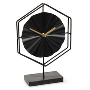 OROLOGIO DA TAVOLO ESAGONALE IN METALLO BRILLANTE BASE IN LEGNO NERO 25 CM