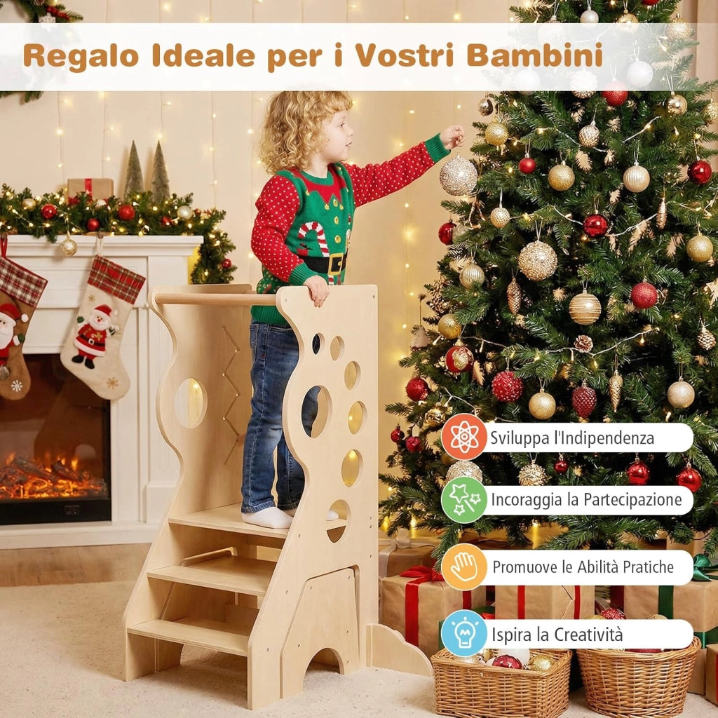 Torretta Montessoriana 2 in 1 in Legno, Torre di Apprendimento con Barre di Sicurezza Rimovibili e Sgabello a 2 Gradini, Set Versatile con Giochi Sensoriali per Bambini 3+ Anni