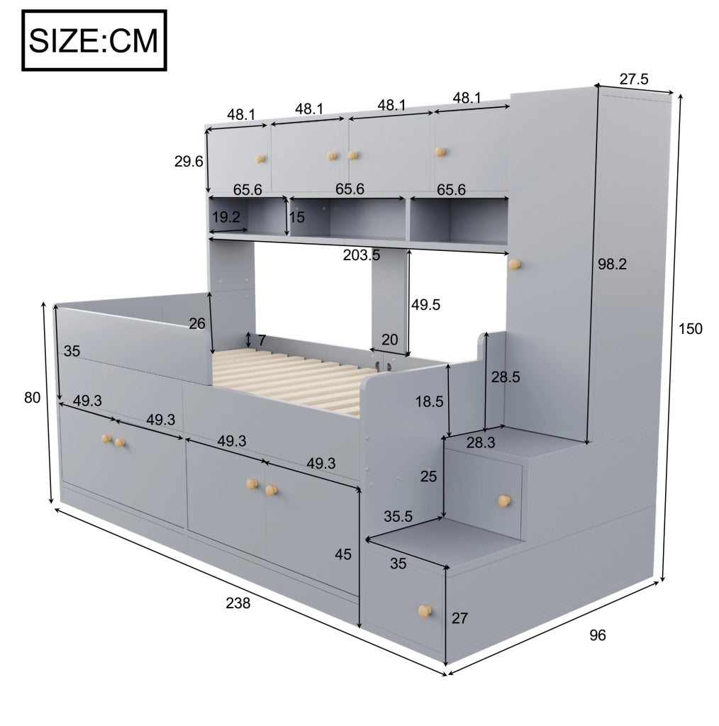 Letto a soppalco per bambini 90x200 cm con armadio; vani contenitore; LED e barriera; grigio