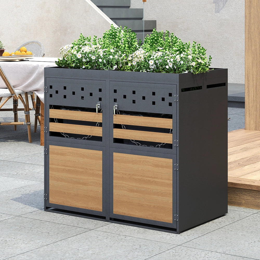 Cabina per 2 bidoni con tetto verde - Xylo - 120-240 litri, colore antracite, porta in stile legno, estensibile