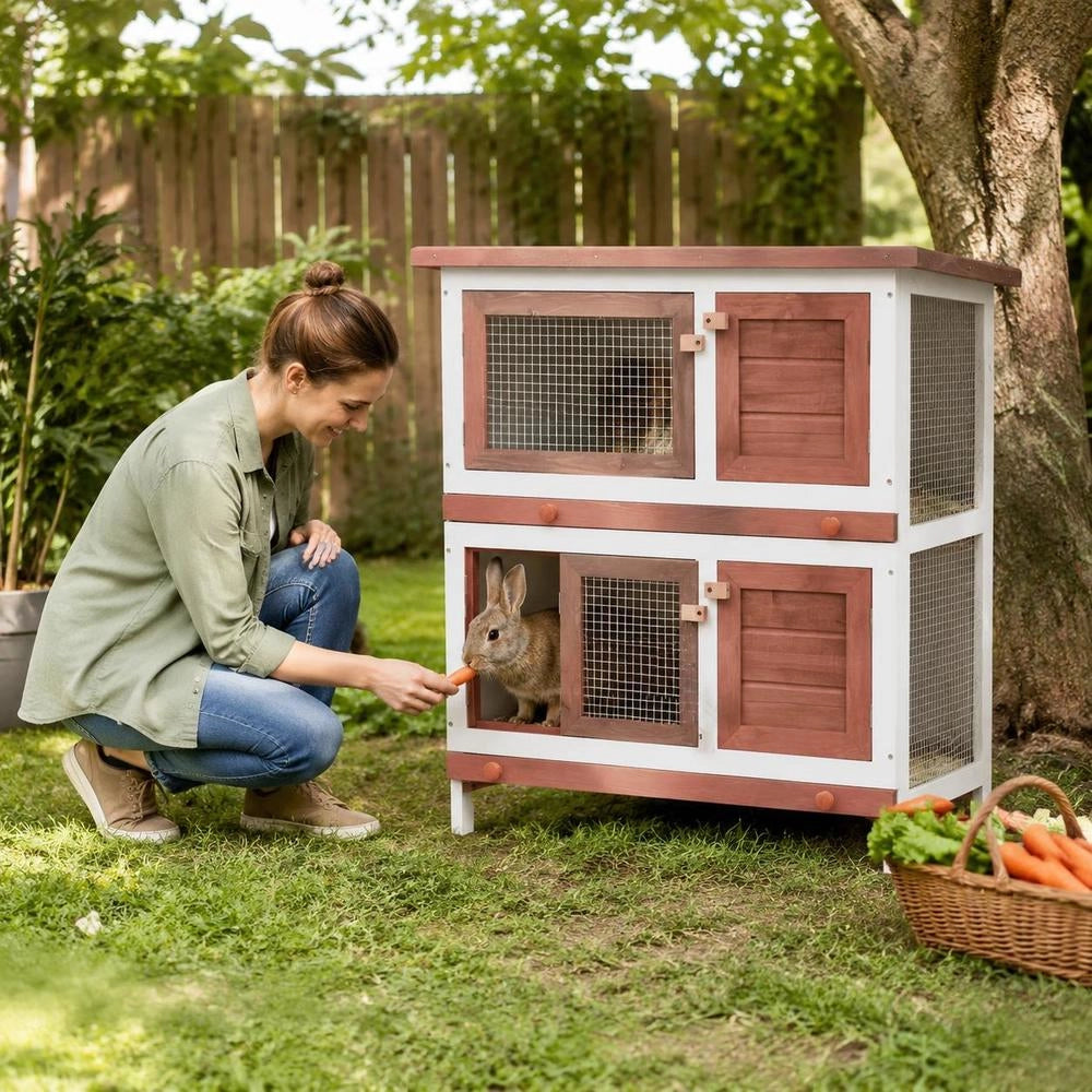 Rabbit Hutch With 4 Doors, Brown Wood