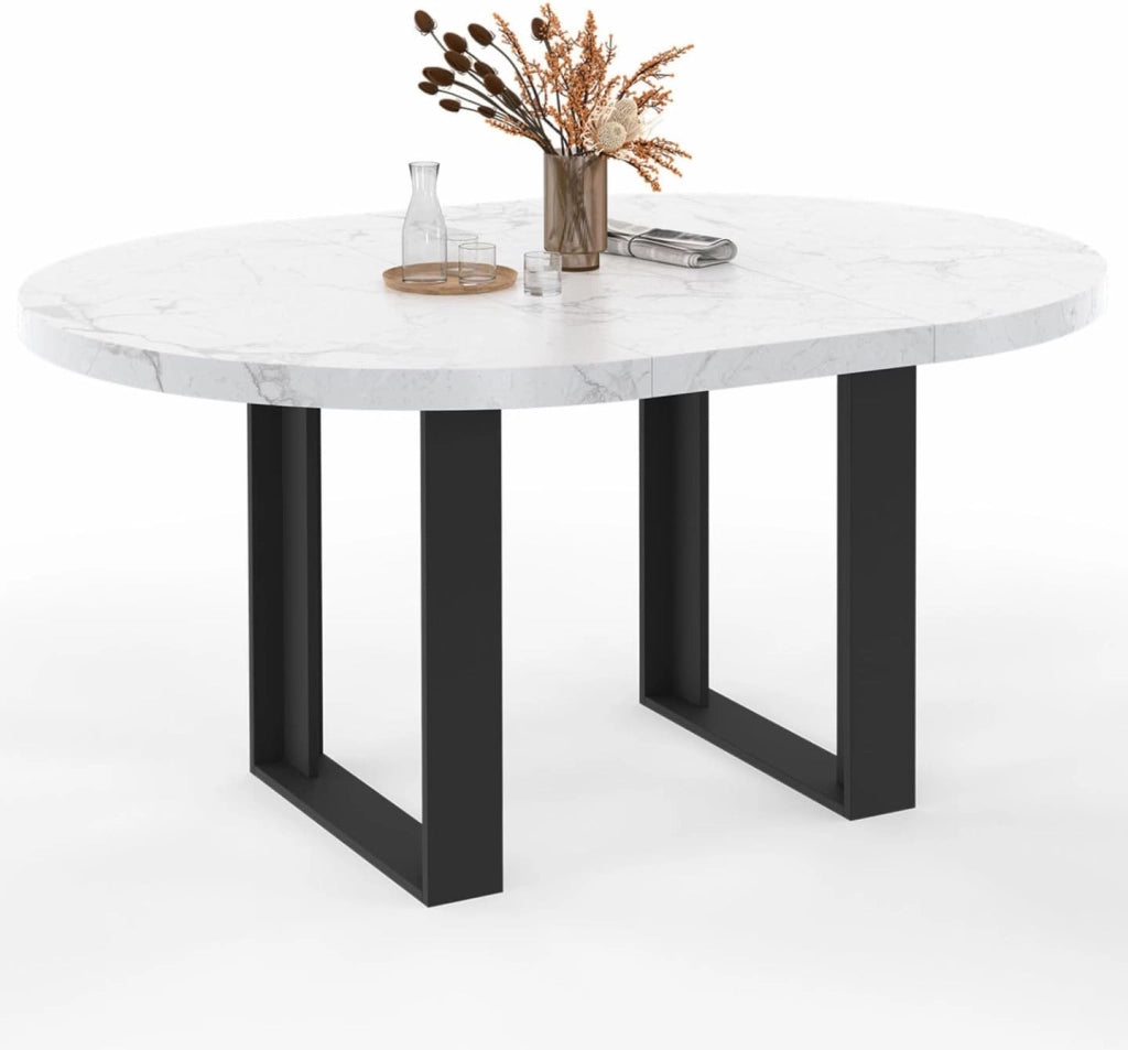 Tavolo da pranzo rotondo allungabile PHOENIX 4-6 persone con piano effetto marmo bianco ALASKA 110-150 cm