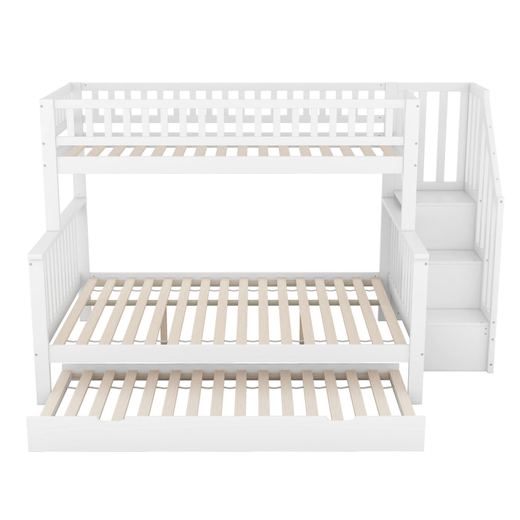 Letto a castello ULEVR 90x200 e 140x200 cm con letto estraibile, scala contenitore, pino e MDF, bianco