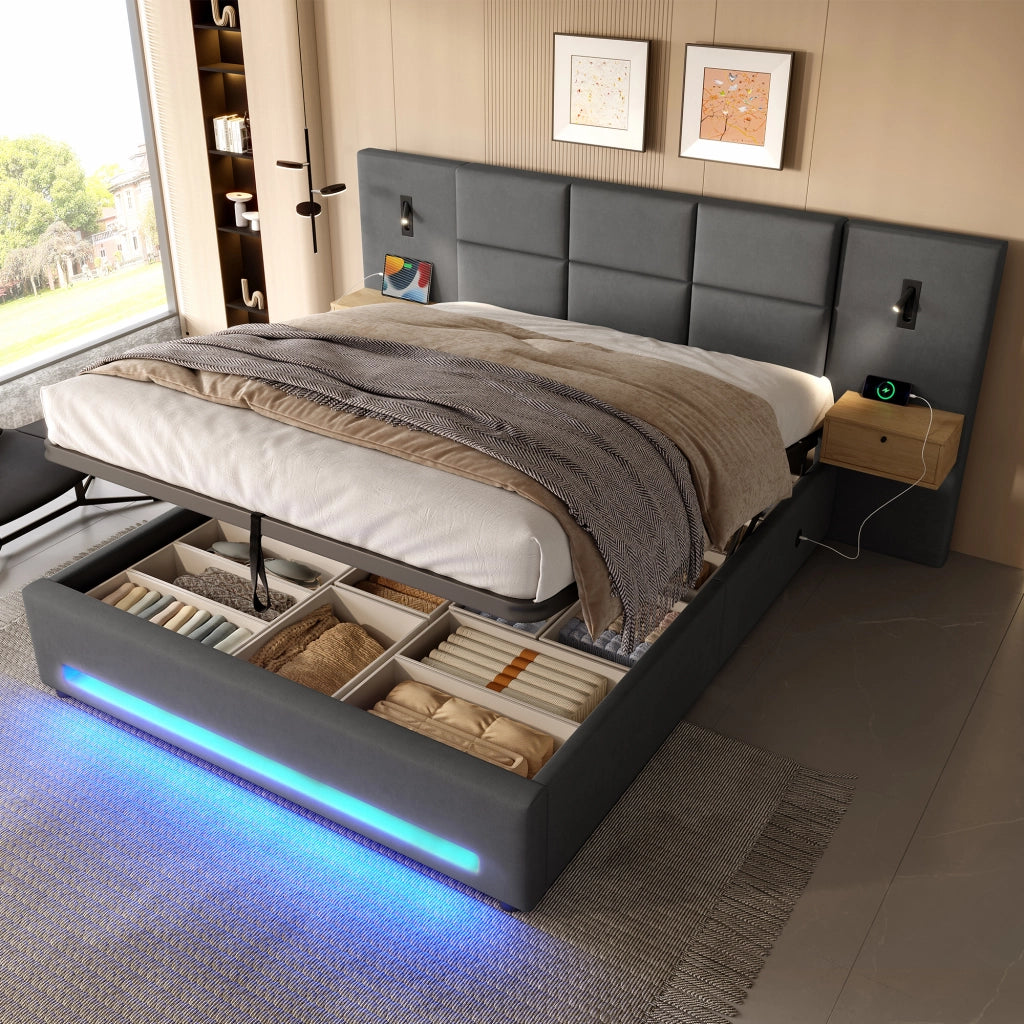 LETTO Contenitore 180x200 cm in velluto grigio scuro con USB-C e LED