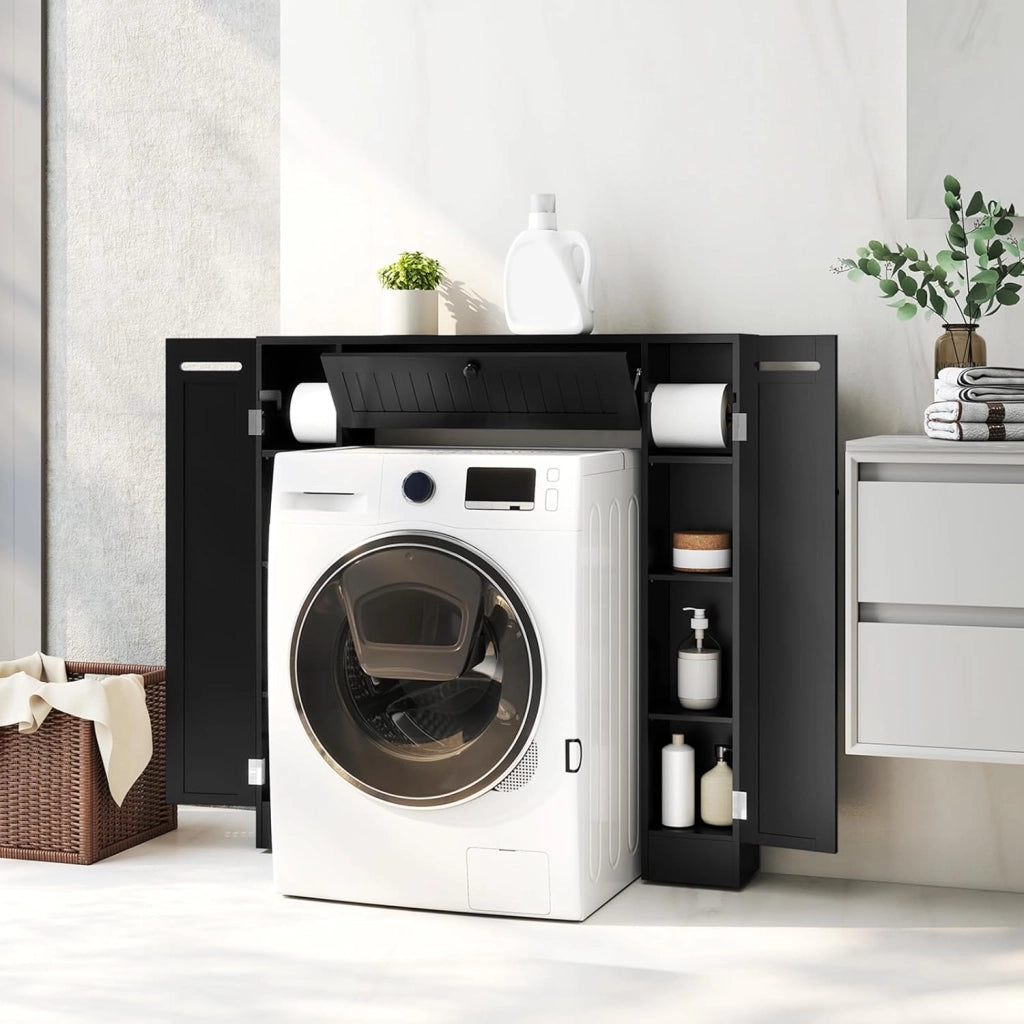 Mobile per Lavatrice, Mobile sopra Toilette, Mobiletto Bagno sopra Toilette, Armadietto da Incasso, in Legno, con Anta, Bagno Salvaspazio, con Porta Carta Igienica (Nero)