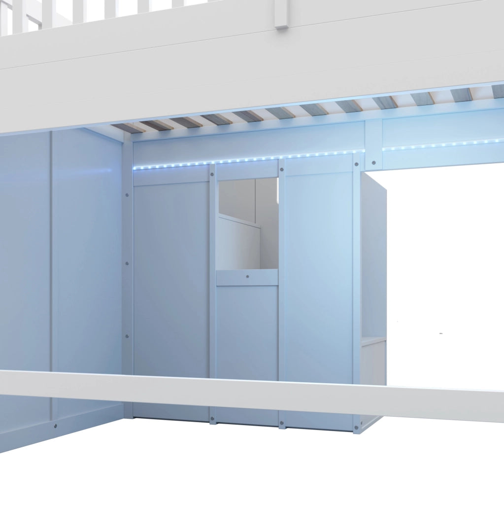 Letto a soppalco per bambini 90x200 cm con scivolo; scala contenitore e LED; bianco