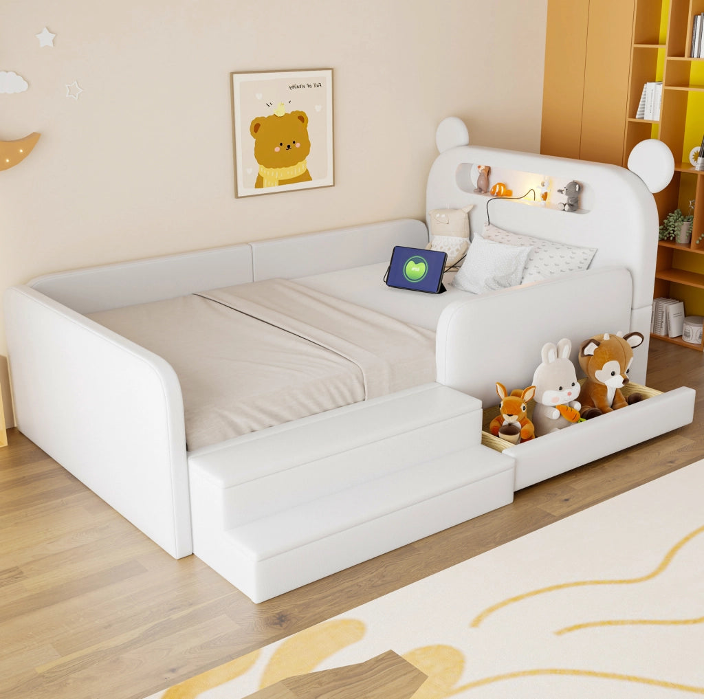 Letto imbottito per bambini 90x200 cm con testiera orso, luce notturna e USB bianco