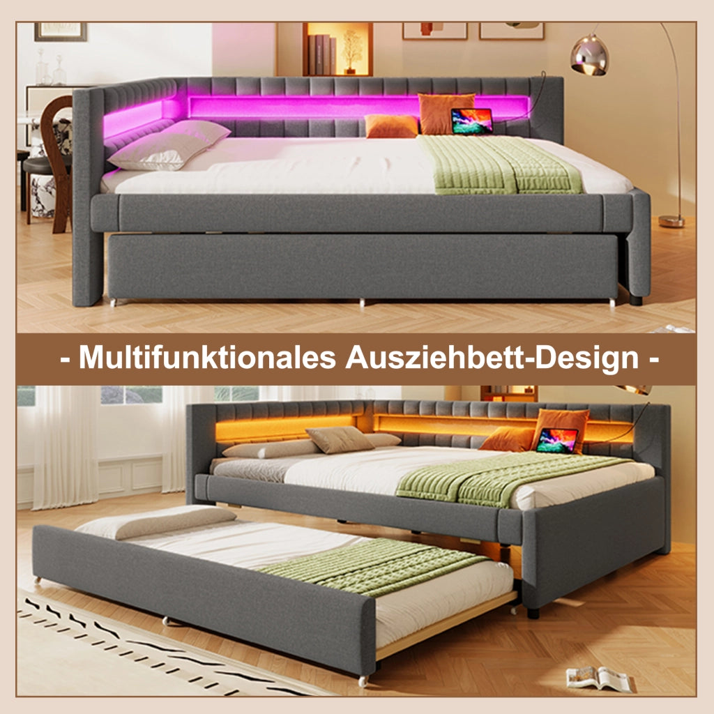 DESMIU Divano letto 140 × 200 cm 2 posti con LED, USB, Type-C e letto estraibile, senza materasso, grigio