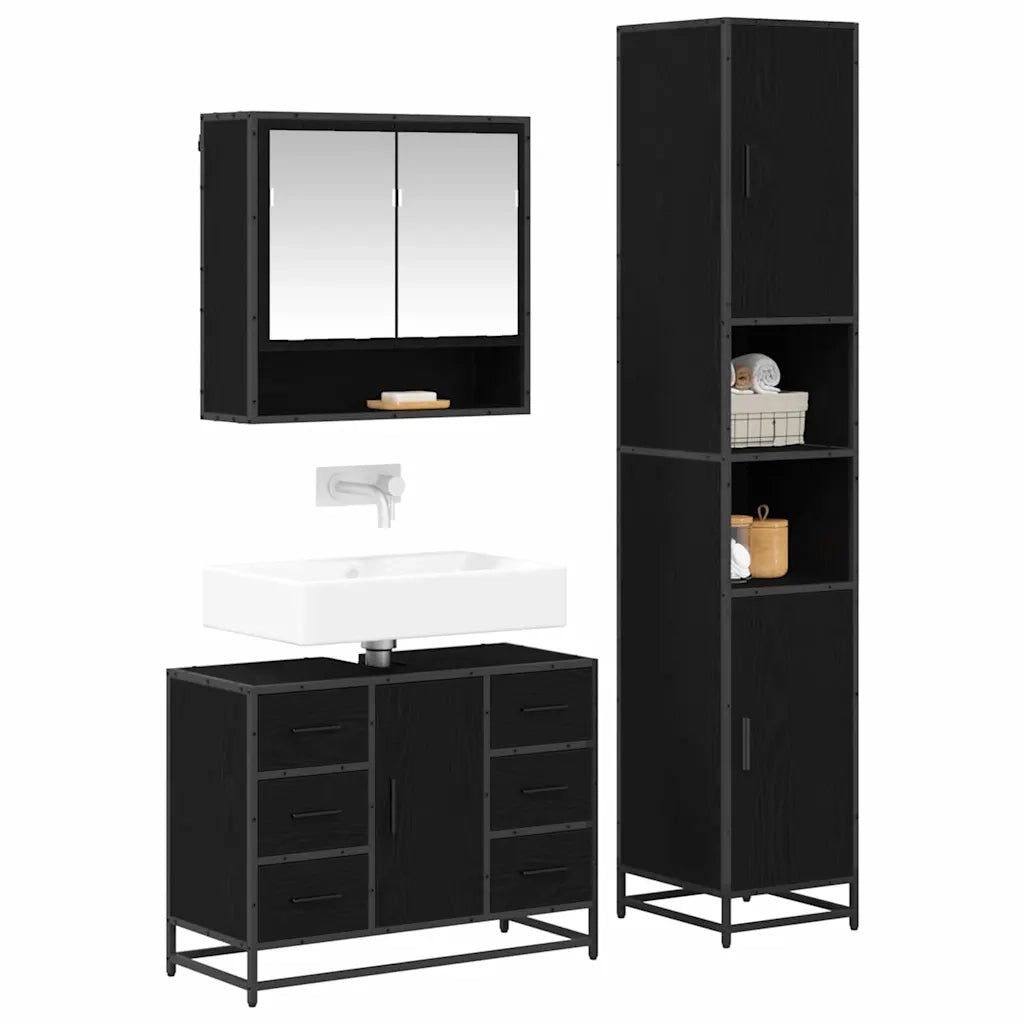 Set di mobili per il bagno 3 pcs Rovere Nero Legno multistrato