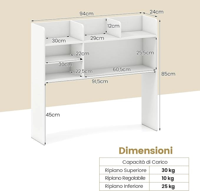 Libreria da Scrivania, Scaffale da Scrivania con 6 Ripiani in Legno, Scomparto Aperto per Monitor 32", Espositore per Dormitori Uffici Studio, 94 x 24 x 85 cm (Bianco)