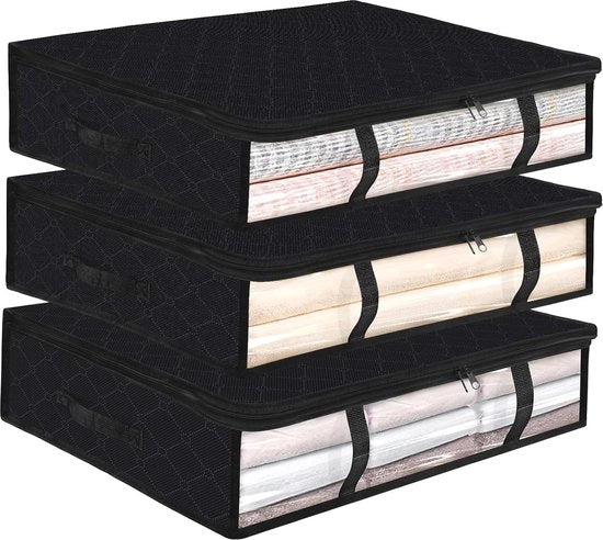 Contenitore di archiviazione per sotto il letto - 3 pezzi - con finestra e maniglia - 59x45x15cm - tessuto non tessuto pieghevole spesso - coperte cuscini abiti coperte - nero