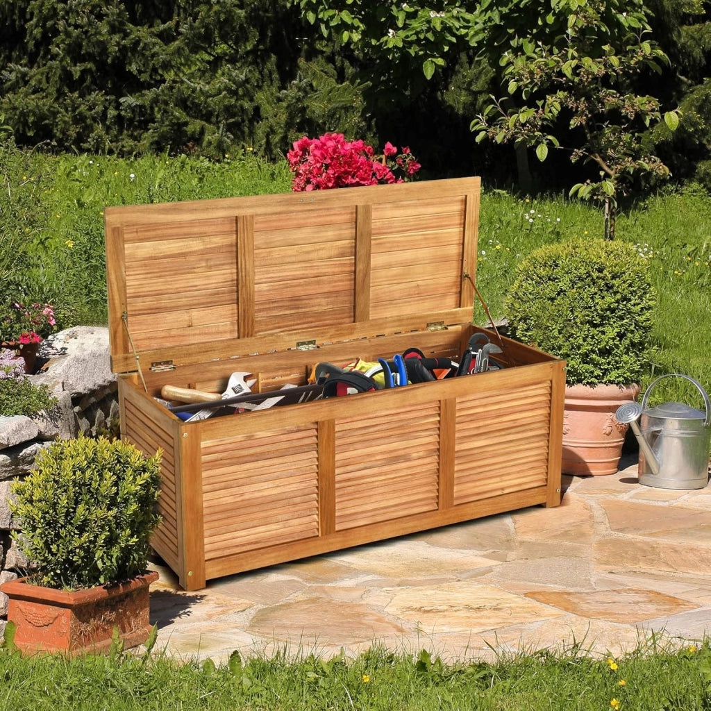 Armadio da Esterno in Legno, Cassapanca Contenitore Interno, Panca Baule Carico di 150 kg, Ideale per Giardino, Patio, Piscina, 120x45x45 cm, Naturale