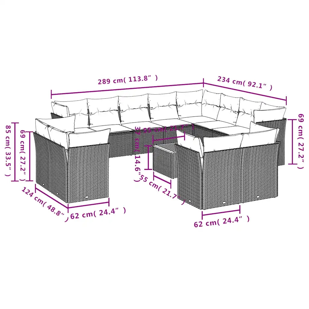 Set Divani da Giardino 13 pz con Cuscini Grigio in Polyrattan 3256285