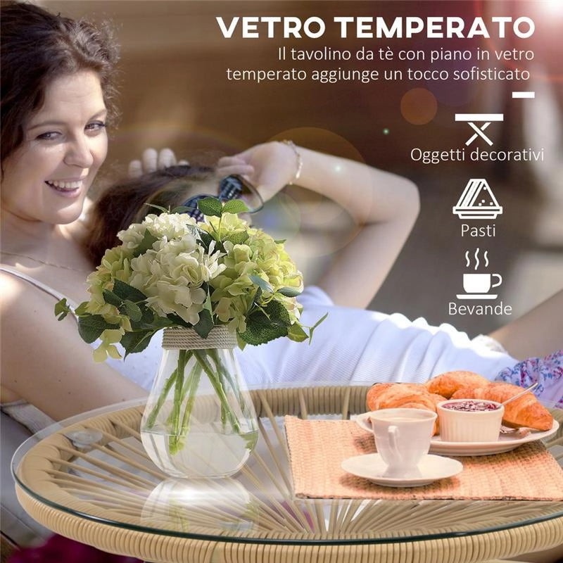 TAVOLINO DA GIARDINO ROTONDO IN RATTAN PE E VETRO Ø50X50CM COLORE BEIGE