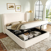 Letto imbottito con contenitore idraulico in bouclé beige