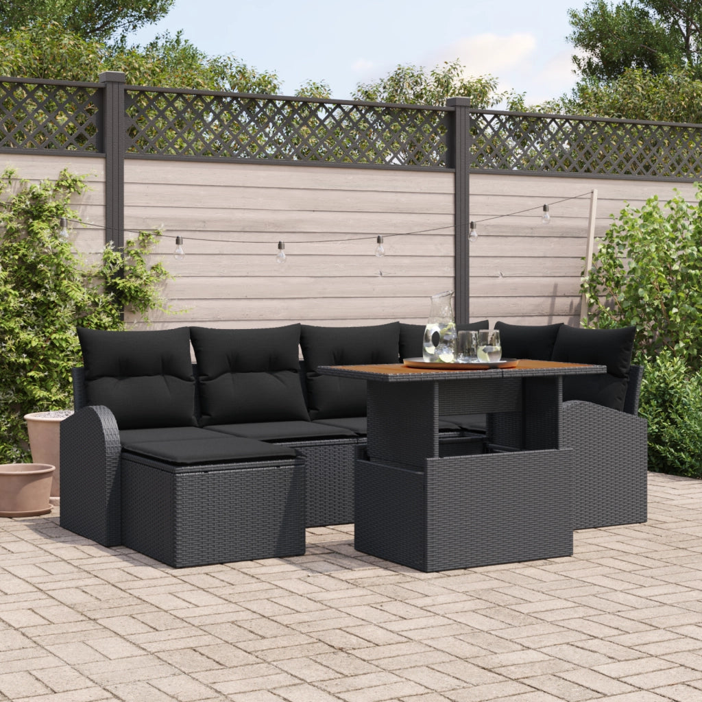 Set Pranzo Giardino 7 Pezzi con Cuscini Nero Polyrattan Acacia