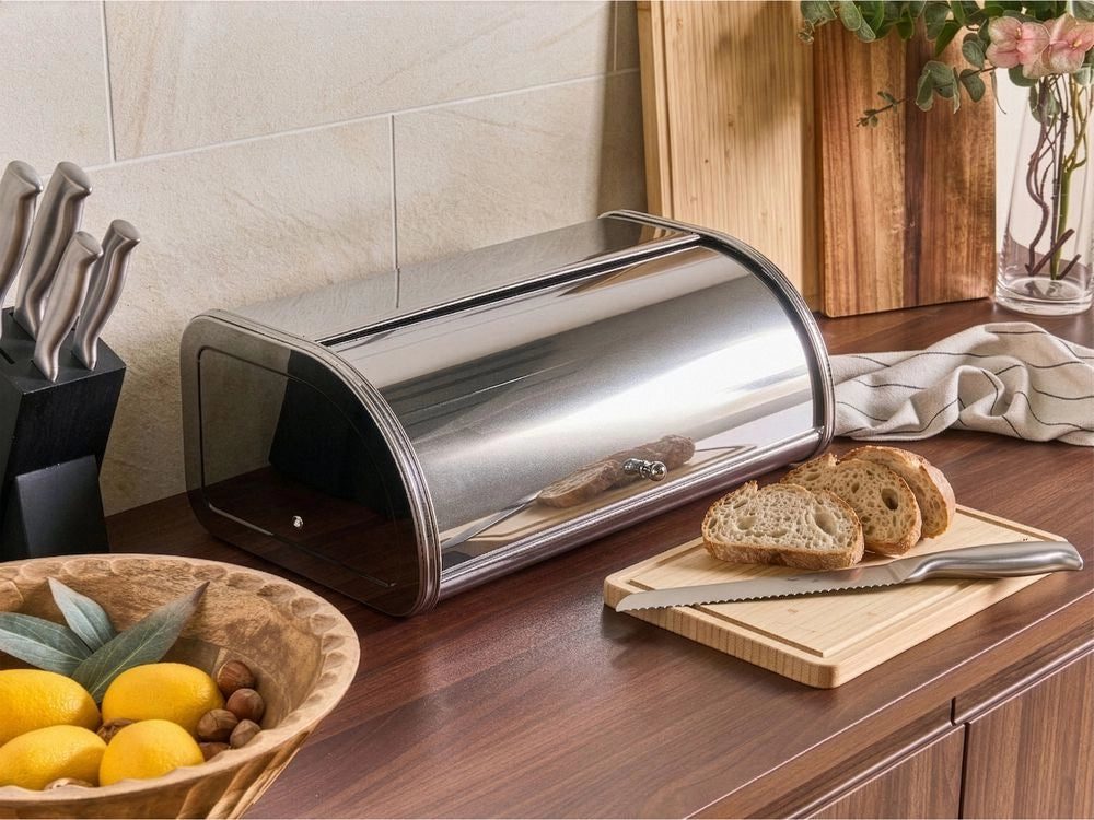 Contenitore per il pane in acciaio inossidabile argentato 45 x 26 x 17 cm Decorativo con coperchio a rotolo Cucina moderna