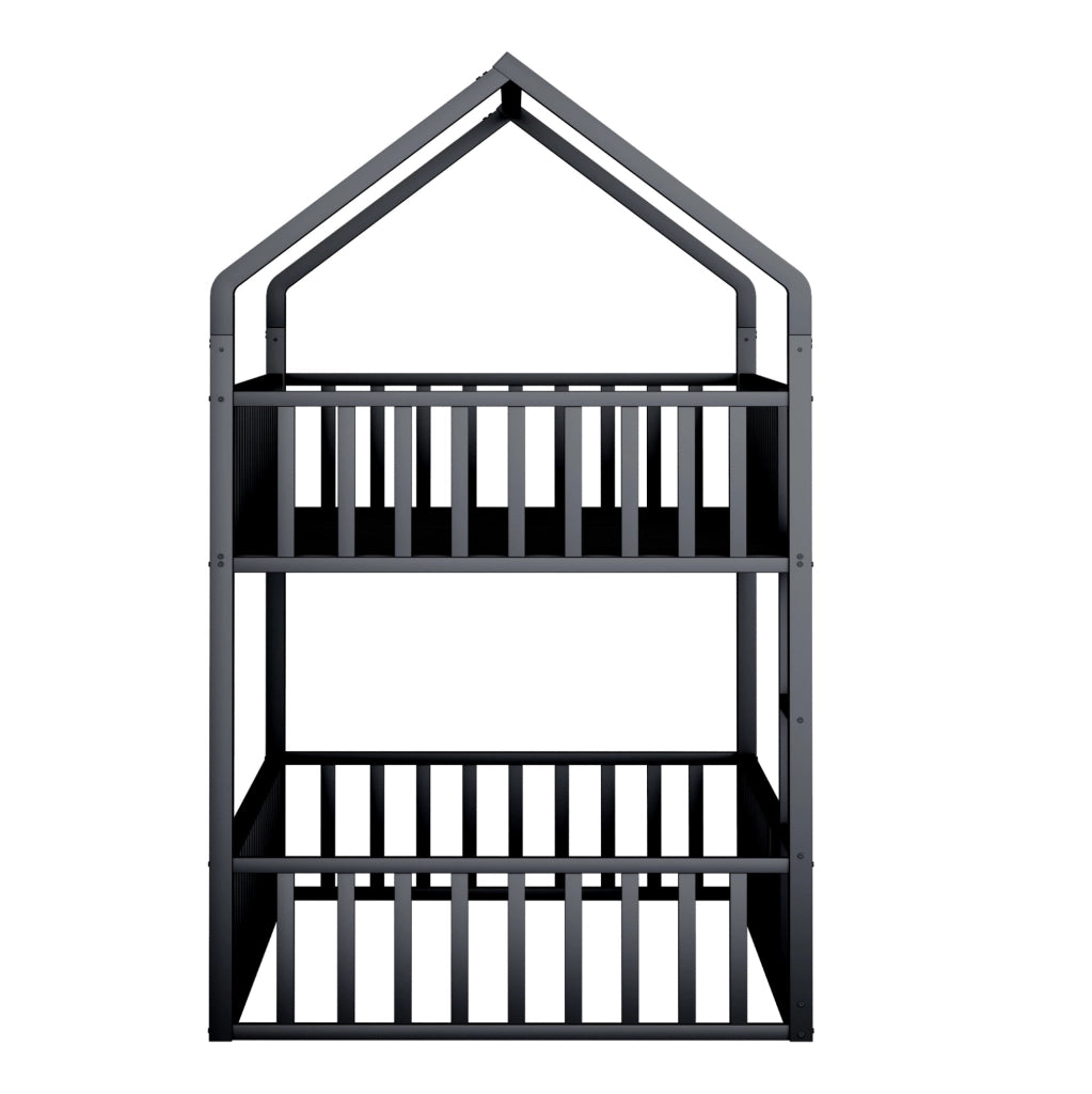 Letto a castello 90x200 cm con struttura a casetta e scala in metallo nero