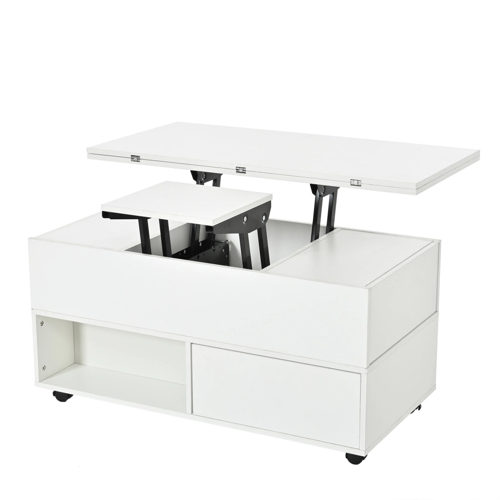 Tavolino da salotto regolabile in altezza, multifunzionale 3 in 1 con 4 cassetti, ruote e vano contenitore, bianco, 100x50x52 cm