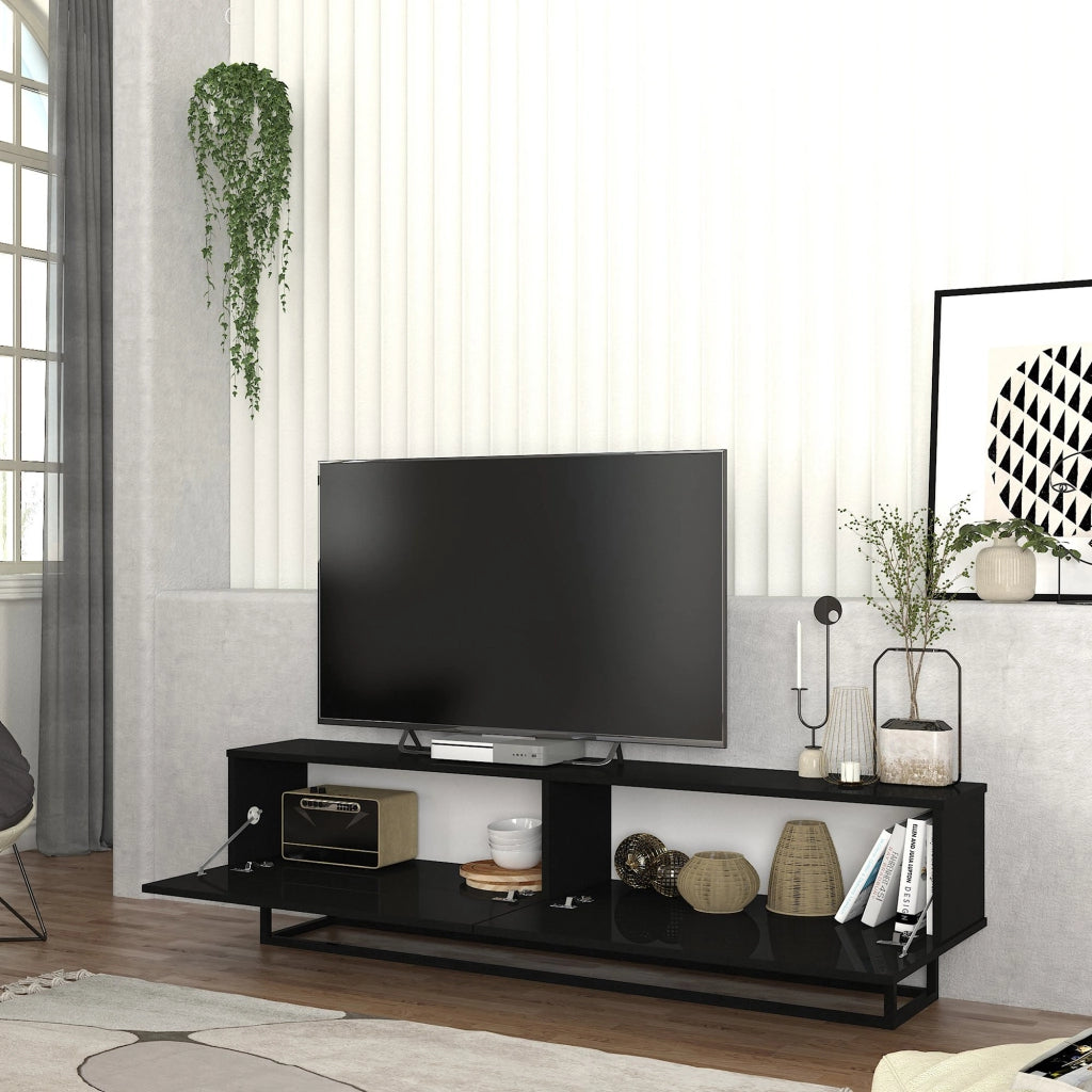 Mobile Porta TV Nolven a 2 Ante Ribalta e Telaio in Metallo 180x32x47 cm - Nero [en.casa]