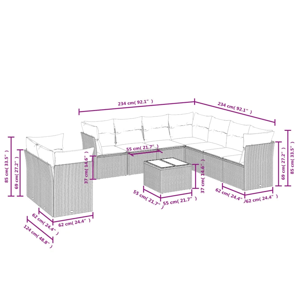 Set Divano da Giardino 10 pz con Cuscini Grigio in Polyrattan 3217850