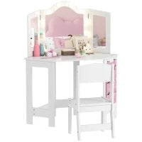 Set toeletta e sgabello per bambini, con luci LED bicolore, specchio triplo richiudibile, Bianco