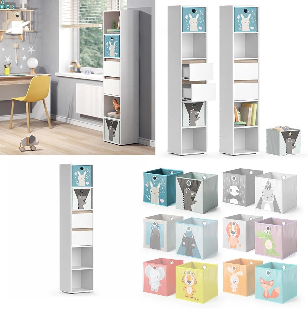 Libreria bambini Robert, Bianco, 36.2 x 171 cm con box pieghevoli colorati, adatto per riporre giocattoli e libri