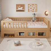 Letto per bambini 90x200 cm, con sponde di sicurezza, completo di cassetti e contenitore, color legno naturale