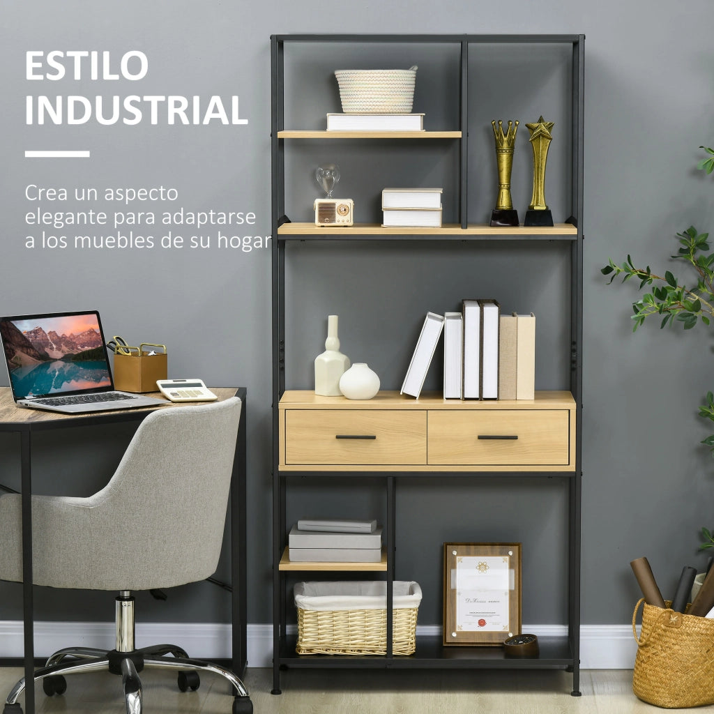 Libreria Scaffale 5 Livelli con 2 Cassetti in Metallo ¨C zephmum ¨C Rovere 80x30x170,5 cm