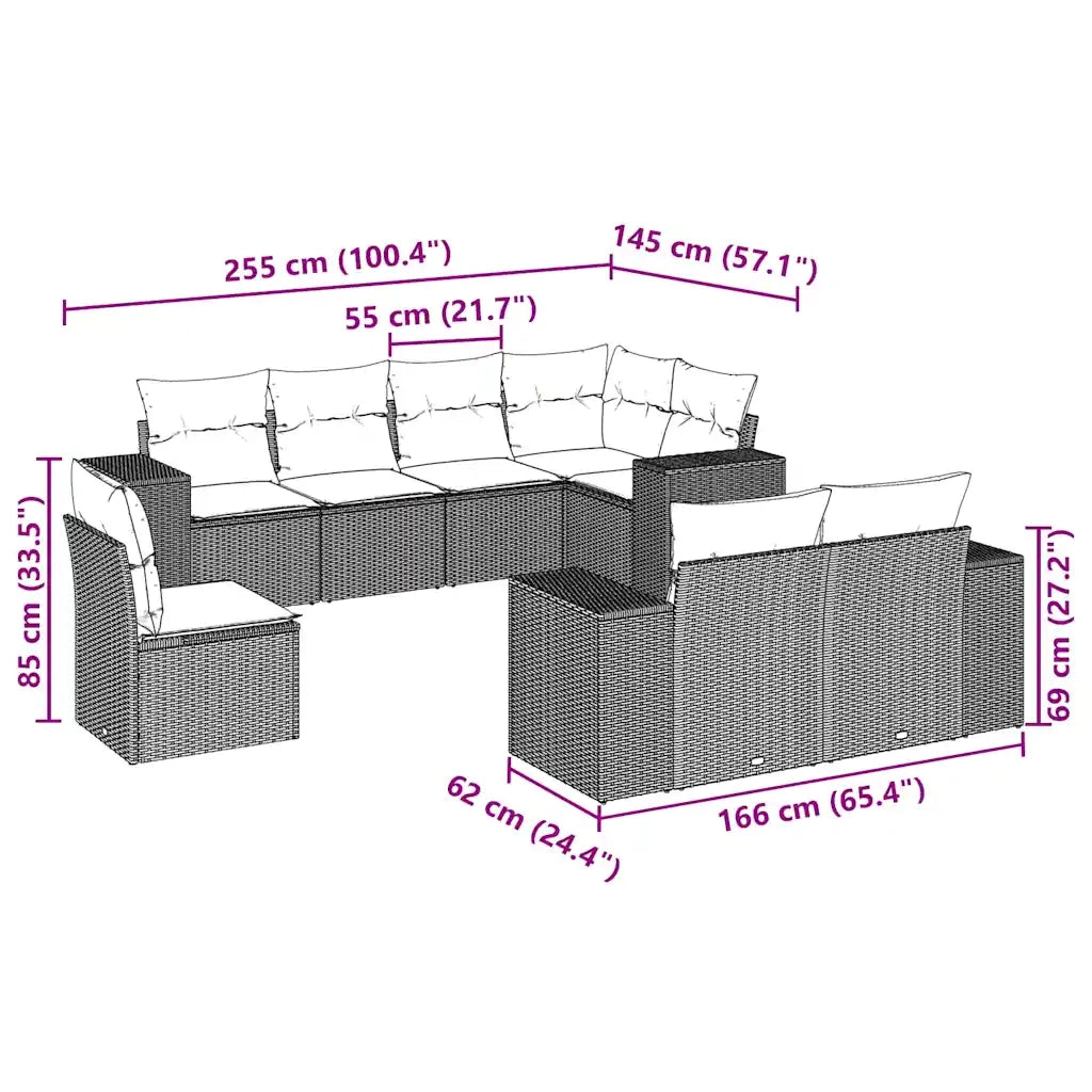 Set Divano da Giardino 8pz con Cuscini Grigio Chiaro Polyrattan